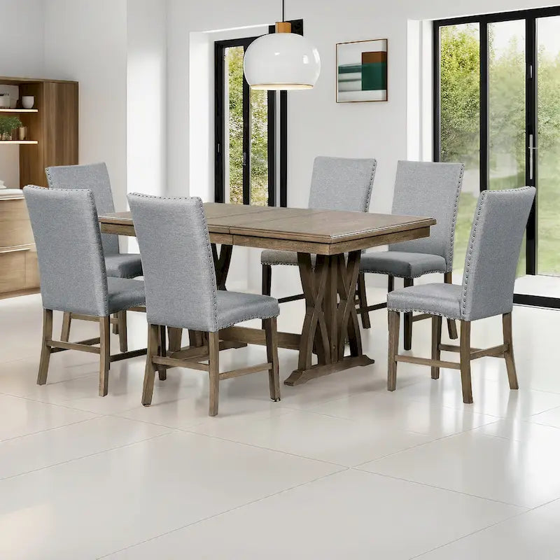 Ensemble table à manger extensible gris style milieu de siècle pour 6 personnes avec pieds croisés
