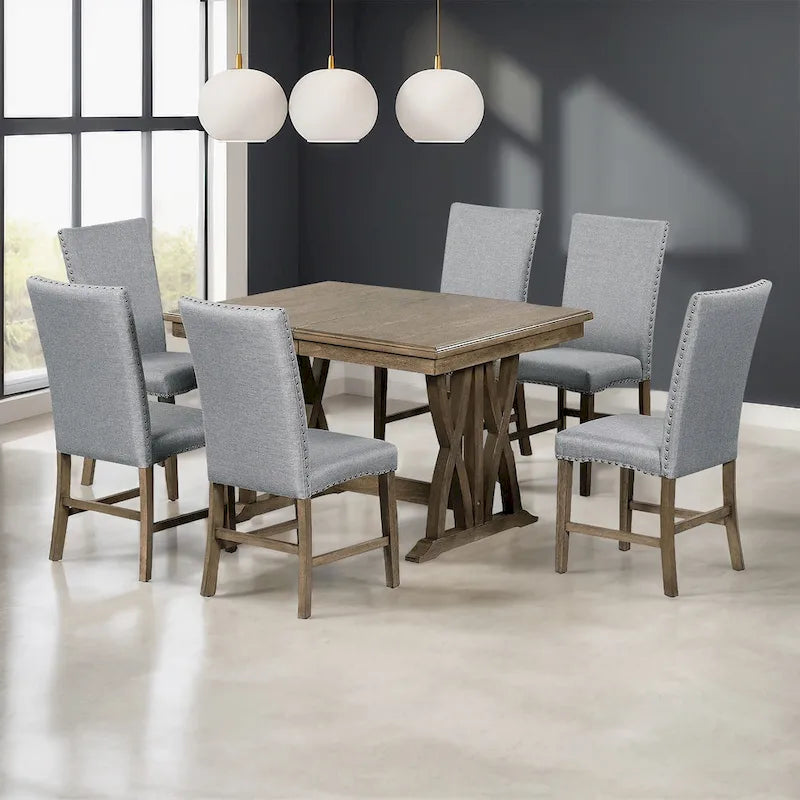 Ensemble table à manger extensible gris style milieu de siècle pour 6 personnes avec pieds croisés