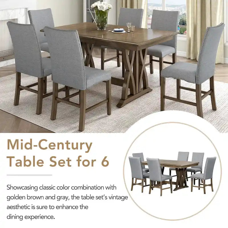 Ensemble table à manger extensible gris style milieu de siècle pour 6 personnes avec pieds croisés