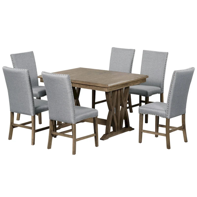 Ensemble table à manger extensible gris style milieu de siècle pour 6 personnes avec pieds croisés