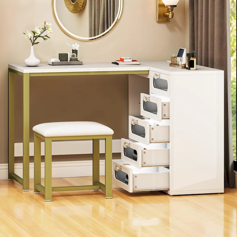 Bureau d'angle en L blanc pour manucure avec tabouret et tiroirs LED, 1 personne