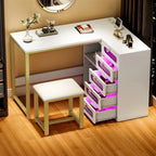 Bureau d'angle en L blanc pour manucure avec tabouret et tiroirs LED, 1 personne
