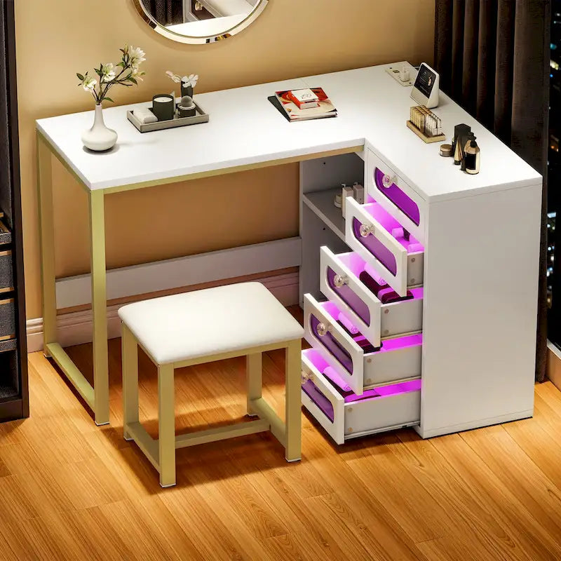 Bureau d'angle en L blanc pour manucure avec tabouret et tiroirs LED, 1 personne