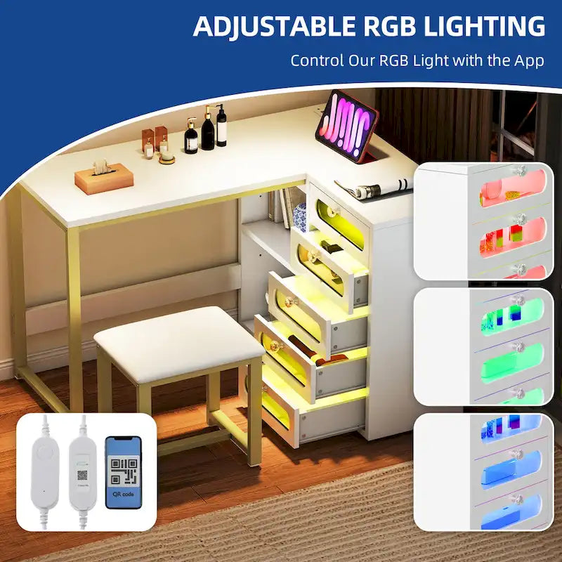 Bureau d'angle en L blanc pour manucure avec tabouret et tiroirs LED, 1 personne