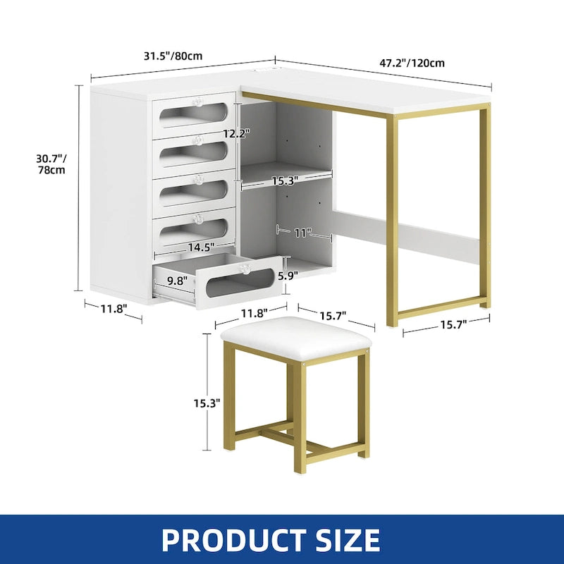 Bureau d'angle en L blanc pour manucure avec tabouret et tiroirs LED, 1 personne