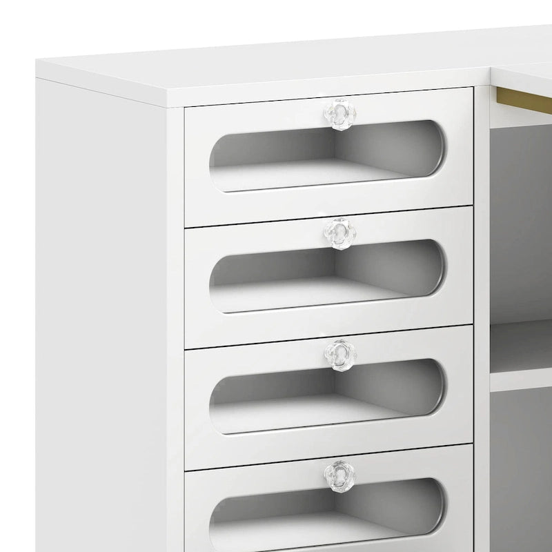 Bureau d'angle en L blanc pour manucure avec tabouret et tiroirs LED, 1 personne
