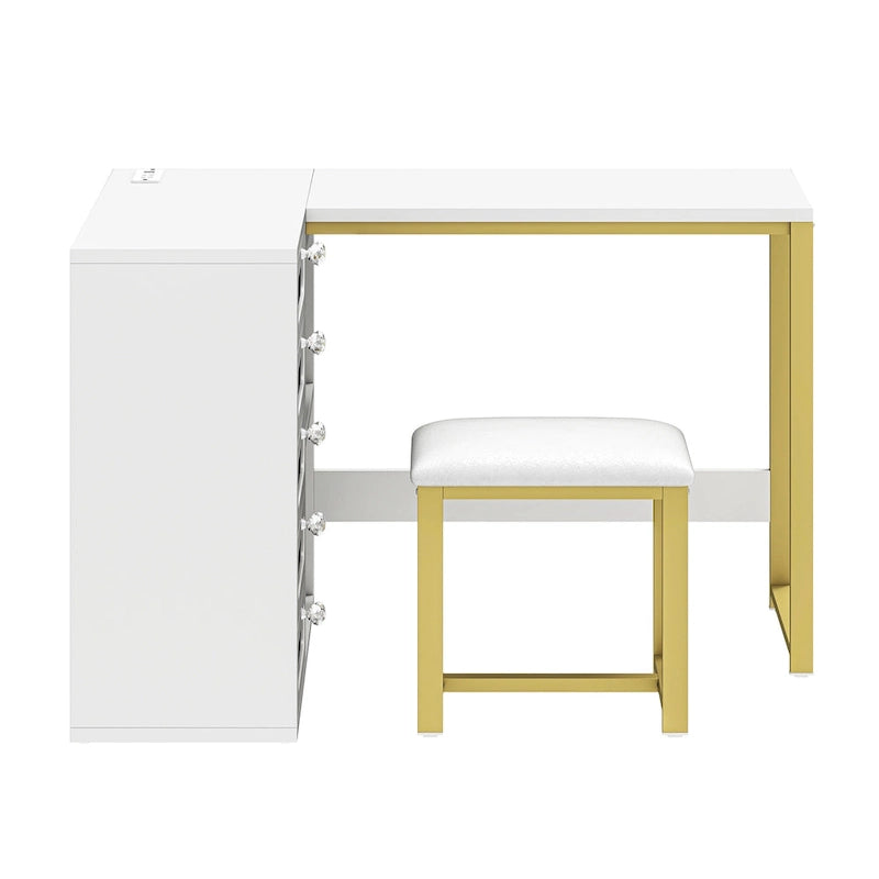 Bureau d'angle en L blanc pour manucure avec tabouret et tiroirs LED, 1 personne