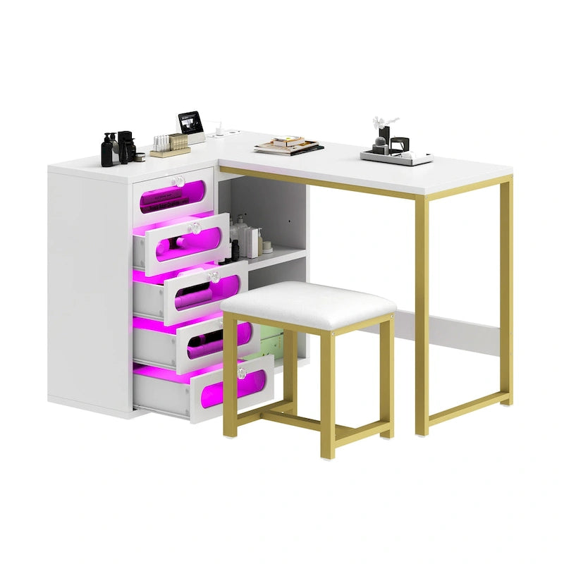 Bureau d'angle en L blanc pour manucure avec tabouret et tiroirs LED, 1 personne