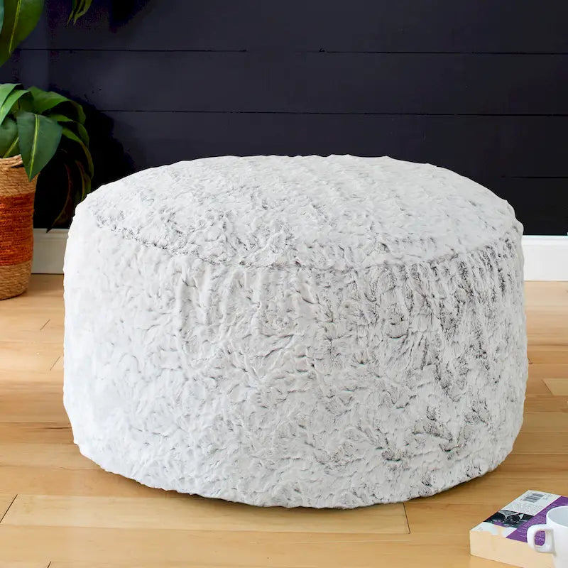 Pouf ottoman rond en fausse fourrure grise/beige – 1 à 2 places