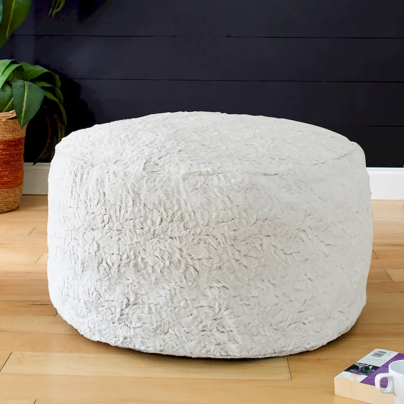 Pouf ottoman rond en fausse fourrure grise/beige – 1 à 2 places