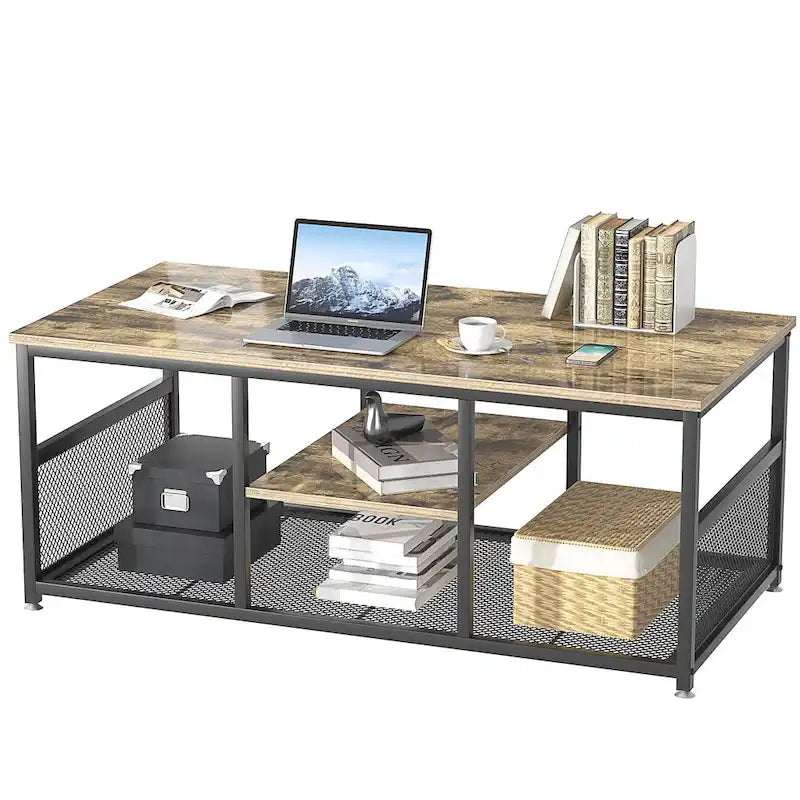 Table basse rectangulaire industrielle en bois avec étagère de rangement, table de thé/bureau à structure métallique pour la maison