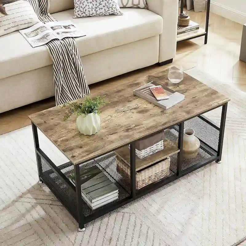 Table basse rectangulaire industrielle en bois avec étagère de rangement, table de thé/bureau à structure métallique pour la maison