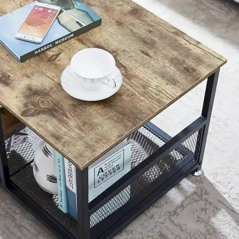 Table basse rectangulaire industrielle en bois avec étagère de rangement, table de thé/bureau à structure métallique pour la maison