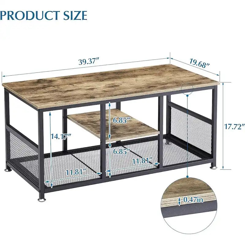 Table basse rectangulaire industrielle en bois avec étagère de rangement, table de thé/bureau à structure métallique pour la maison