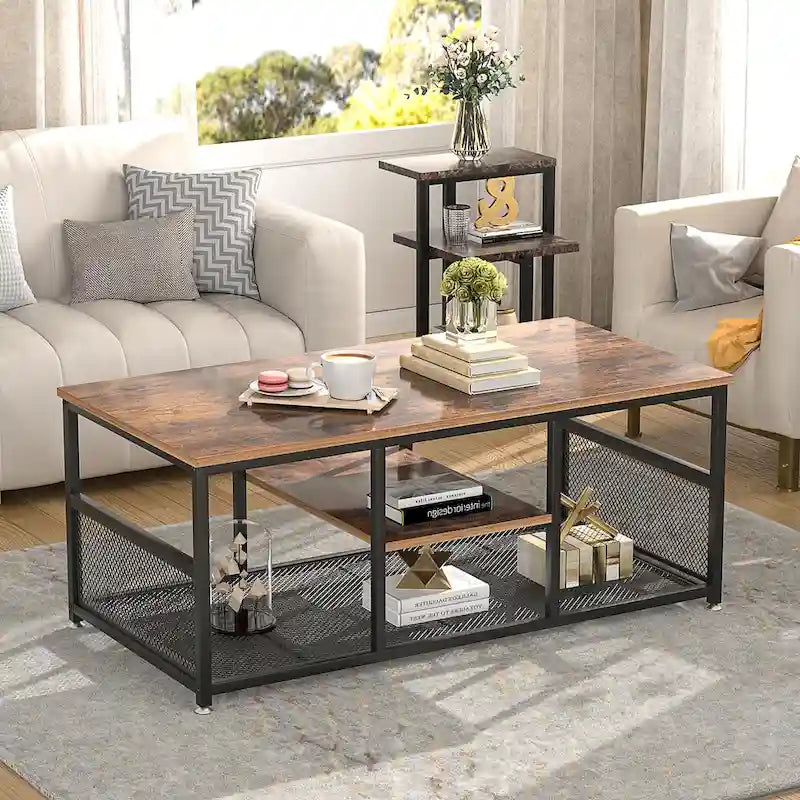 Table basse rectangulaire industrielle en bois avec étagère de rangement, table de thé/bureau à structure métallique pour la maison