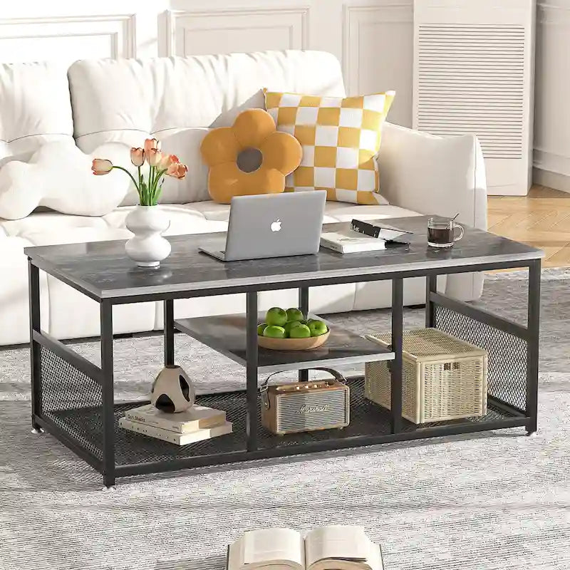 Table basse rectangulaire industrielle en bois avec étagère de rangement, table de thé/bureau à structure métallique pour la maison