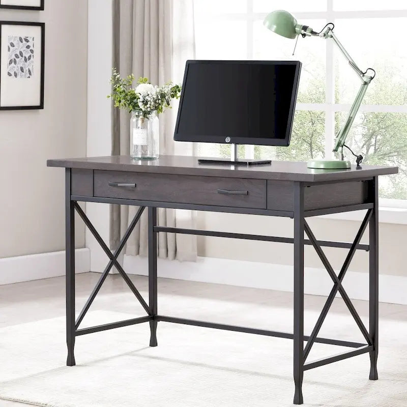 Grey 1 Drawer Metal and Wood Writing/Computer Desk
