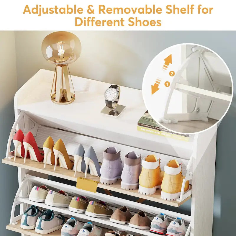 Meuble à chaussures moderne en bois blanc avec 3 portes basculantes, armoire de rangement pour 24 paires de chaussures