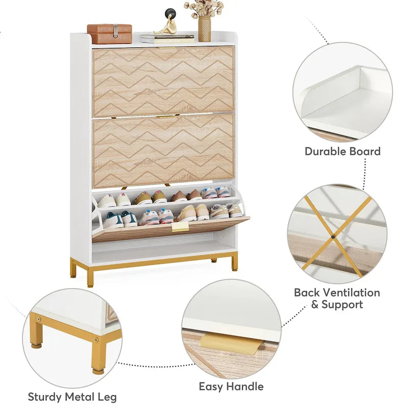 Meuble à chaussures moderne en bois blanc avec 3 portes basculantes, armoire de rangement pour 24 paires de chaussures