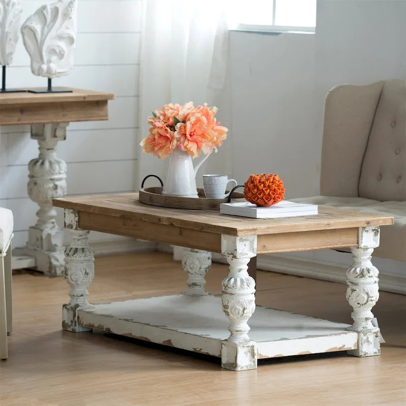 Table basse rectangulaire en bois blanc antique, 1 personne