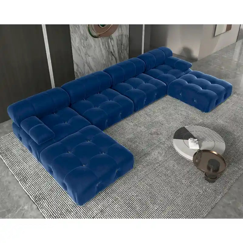 Canapé sectionnel 6 places en velours en forme de U, 4 sièges avec 2 poufs