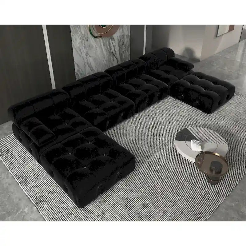 Canapé sectionnel 6 places en velours en forme de U, 4 sièges avec 2 poufs