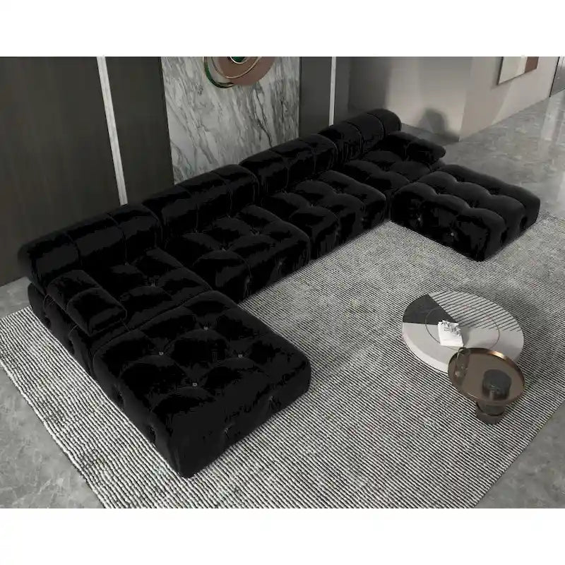 Canapé sectionnel 6 places en velours en forme de U, 4 sièges avec 2 poufs