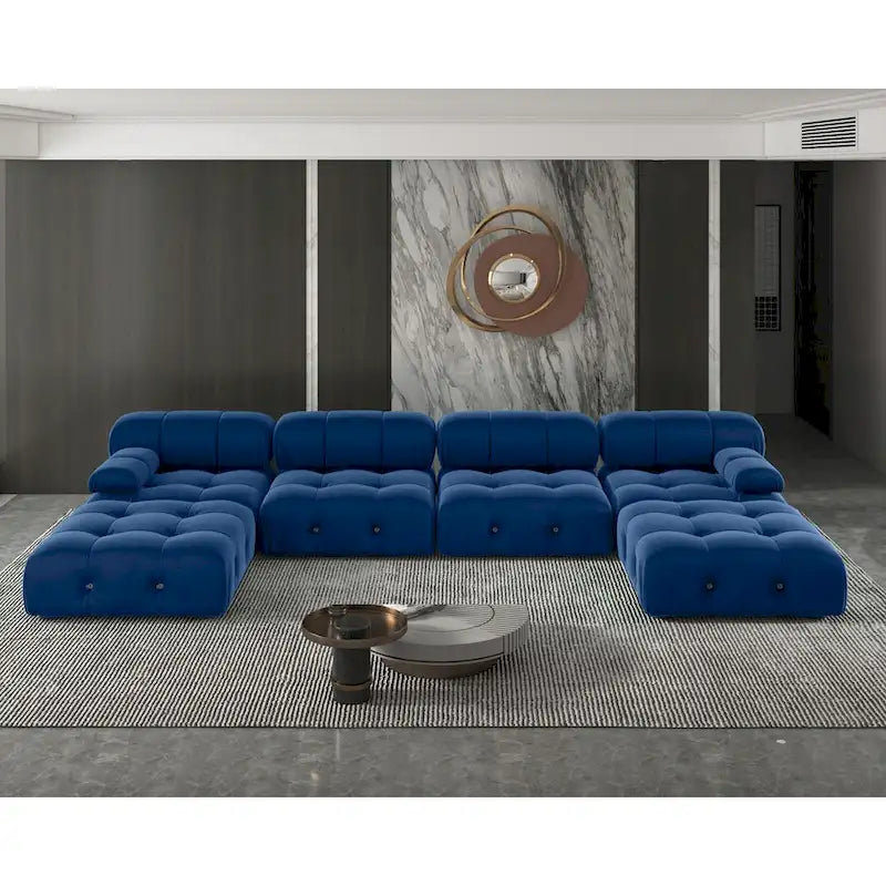Canapé sectionnel 6 places en velours en forme de U, 4 sièges avec 2 poufs