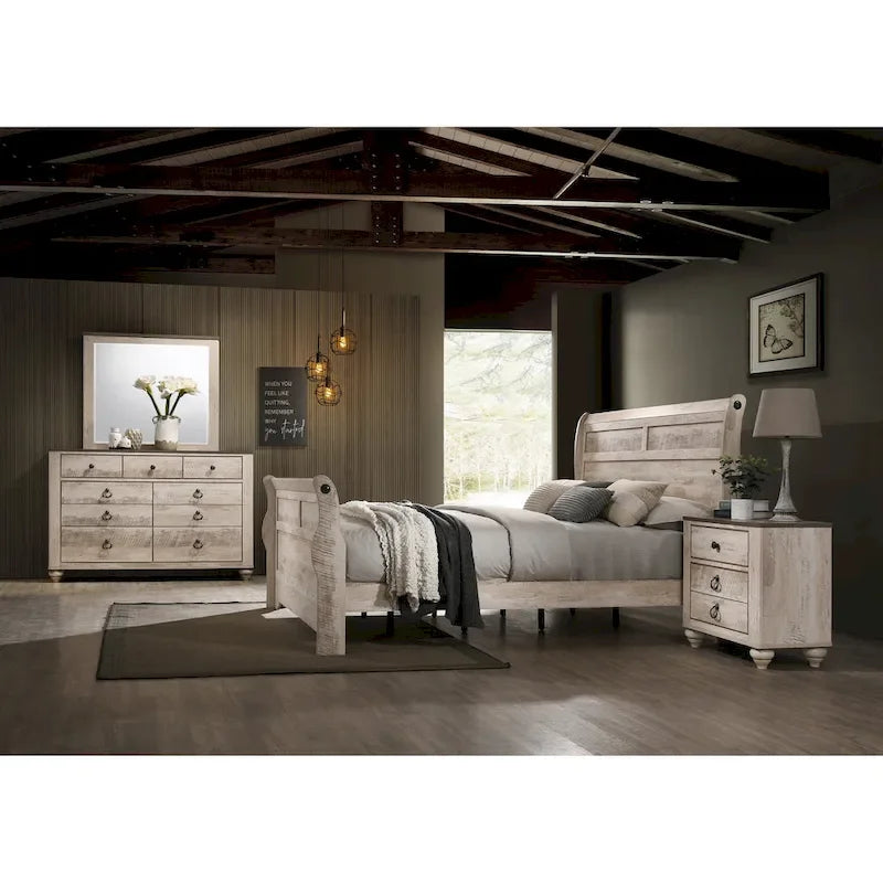 Ensemble de chambre à coucher traîneau blanchi – 5 pièces, grand lit/très grand lit