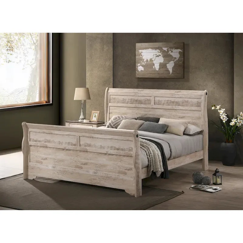Ensemble de chambre à coucher traîneau blanchi – 5 pièces, grand lit/très grand lit