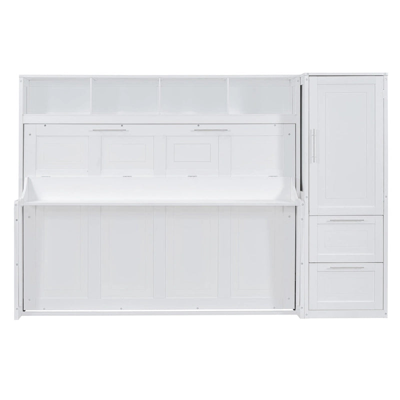 Lit escamotable mural blanc pleine grandeur avec armoire latérale et 2 tiroirs, 1 personne