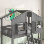 Lit superposé cabane jumeau sur jumeau avec toit, fenêtre, jardinière, porte, barrières de sécurité et échelle, gris