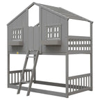 Lit superposé cabane jumeau sur jumeau avec toit, fenêtre, jardinière, porte, barrières de sécurité et échelle, gris