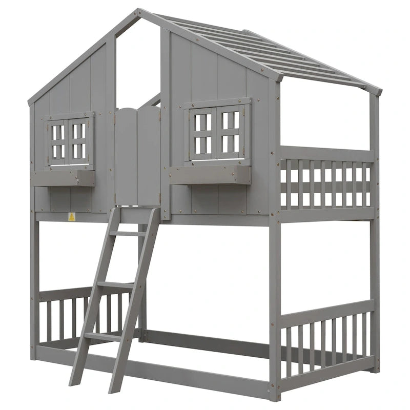 Lit superposé cabane jumeau sur jumeau avec toit, fenêtre, jardinière, porte, barrières de sécurité et échelle, gris