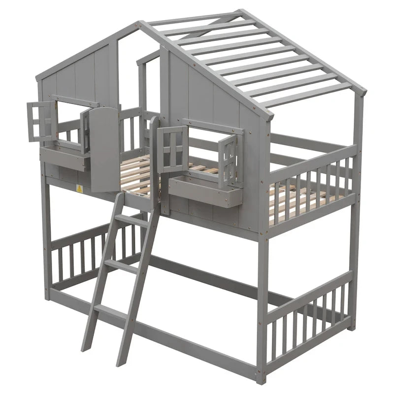 Lit superposé cabane jumeau sur jumeau avec toit, fenêtre, jardinière, porte, barrières de sécurité et échelle, gris