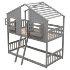 Lit superposé cabane jumeau sur jumeau avec toit, fenêtre, jardinière, porte, barrières de sécurité et échelle, gris