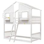 Lit superposé cabane jumeau sur jumeau avec toit, fenêtre, jardinière, porte, barrières de sécurité et échelle, gris