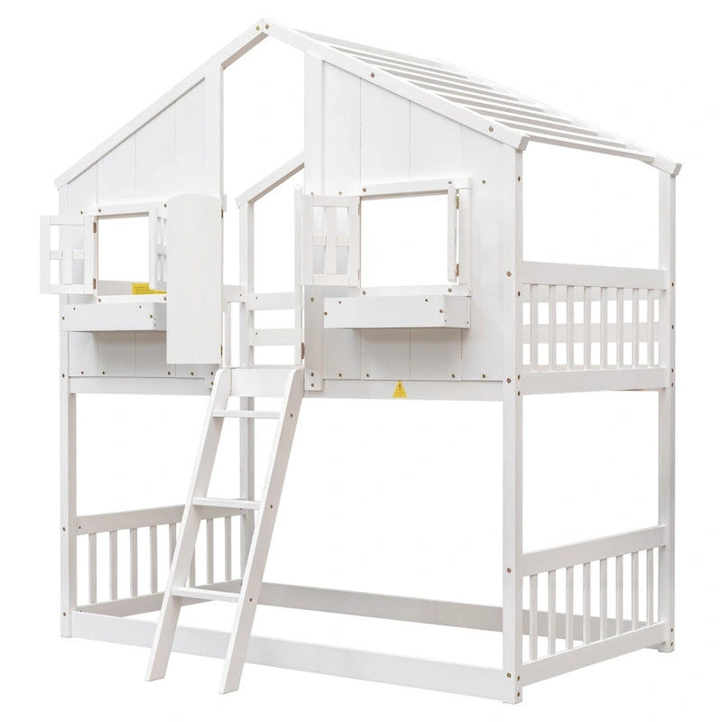 Lit superposé cabane jumeau sur jumeau avec toit, fenêtre, jardinière, porte, barrières de sécurité et échelle, gris