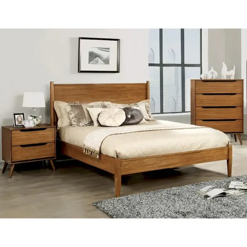 Parure de lit 3 pièces avec plateforme en chêne de style Mid-Century Modern – California King / King / Queen