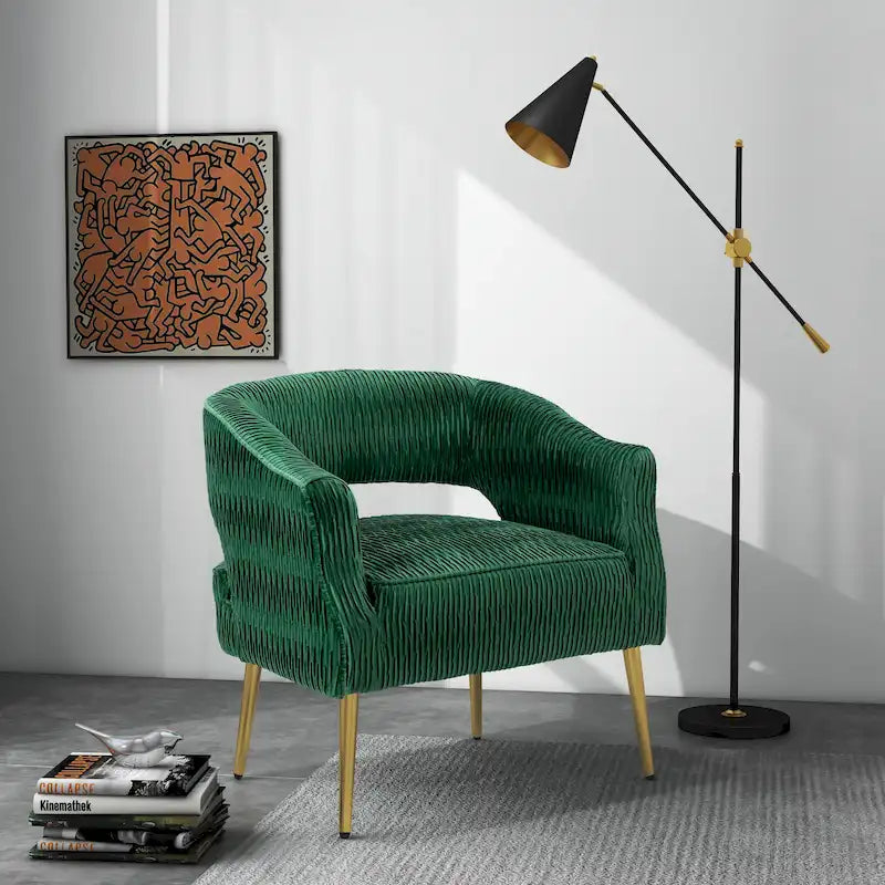 Fauteuil d'appoint en velours vert / jaune / beige avec pieds dorés — 1 place