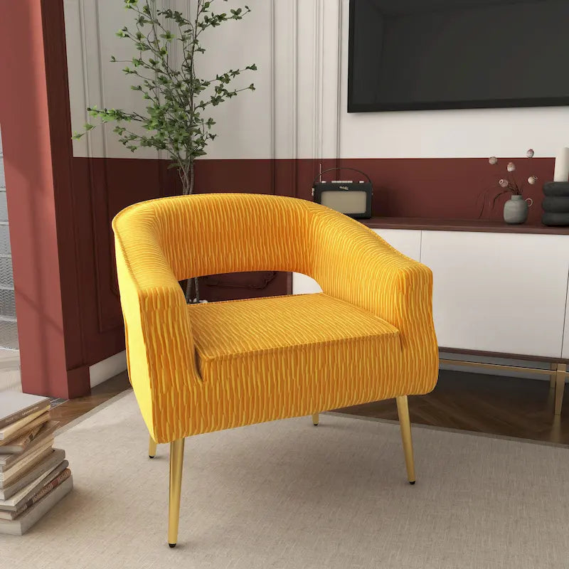 Fauteuil d'appoint en velours vert / jaune / beige avec pieds dorés — 1 place