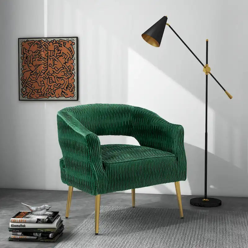 Fauteuil d'appoint en velours vert / jaune / beige avec pieds dorés — 1 place