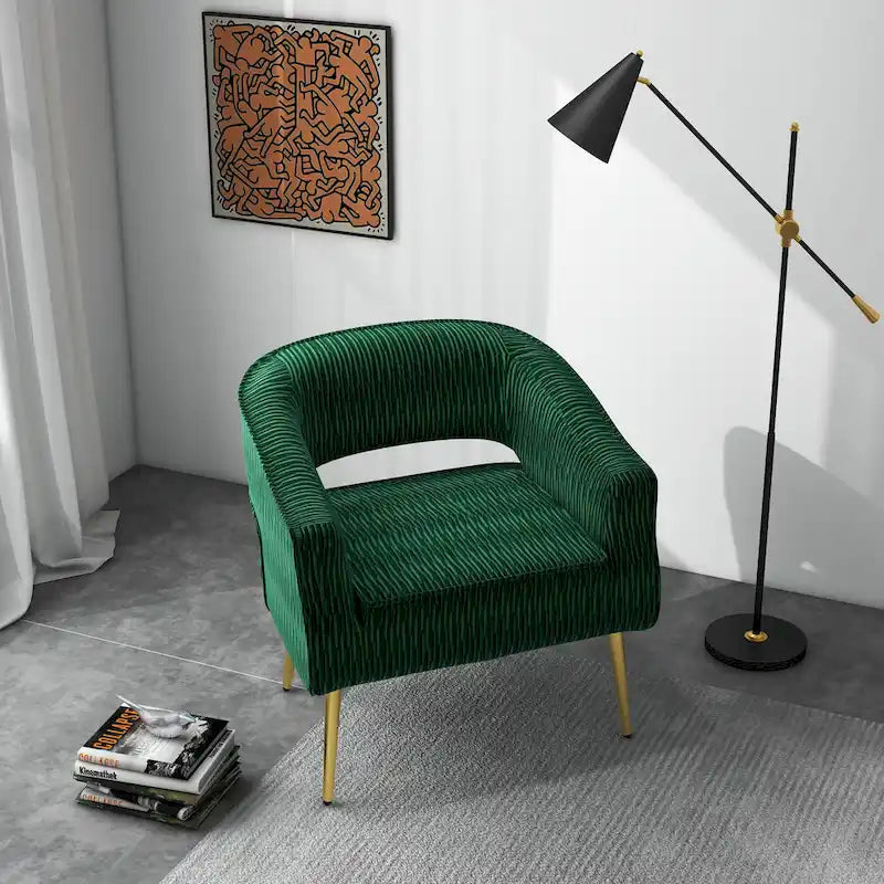 Fauteuil d'appoint en velours vert / jaune / beige avec pieds dorés — 1 place