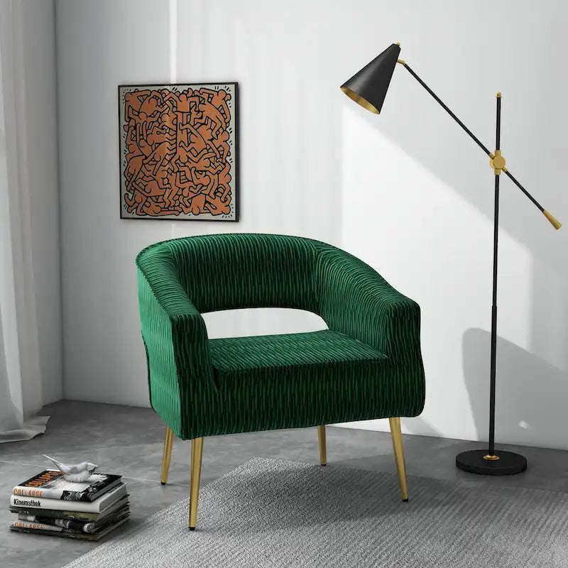 Fauteuil d'appoint en velours vert / jaune / beige avec pieds dorés — 1 place