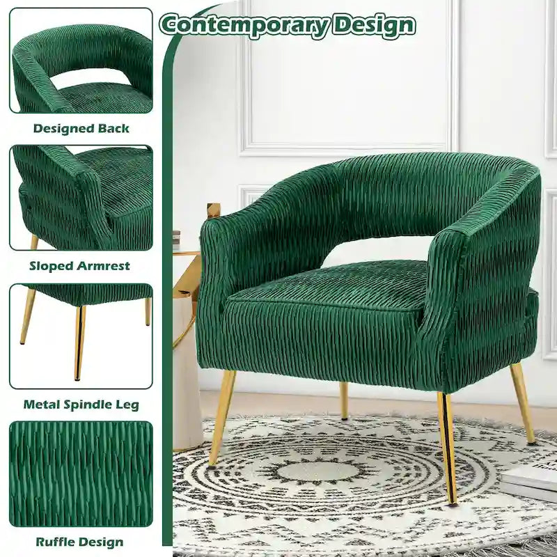 Fauteuil d'appoint en velours vert / jaune / beige avec pieds dorés — 1 place