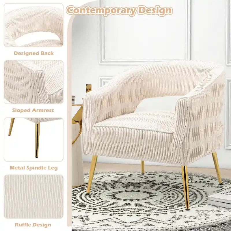 Fauteuil d'appoint en velours vert / jaune / beige avec pieds dorés — 1 place