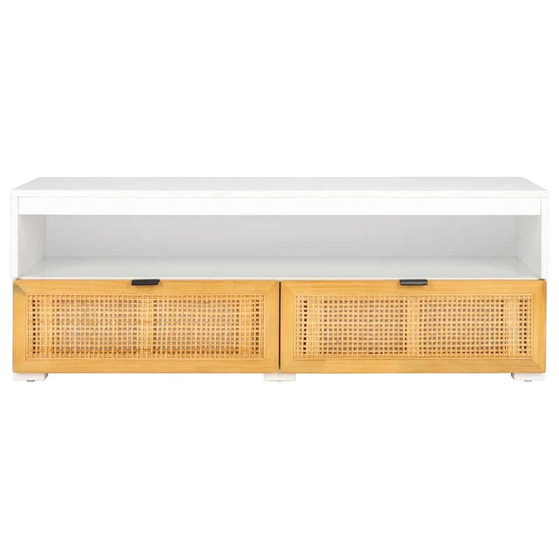 Meuble TV 2 tiroirs 1 étagère, Blanc/Noir/Naturel, Pour TV 55", 1 personne