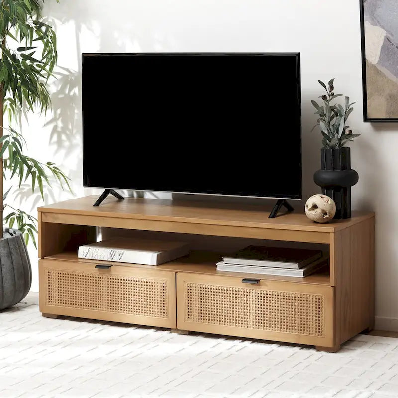 Meuble TV 2 tiroirs 1 étagère, Blanc/Noir/Naturel, Pour TV 55", 1 personne