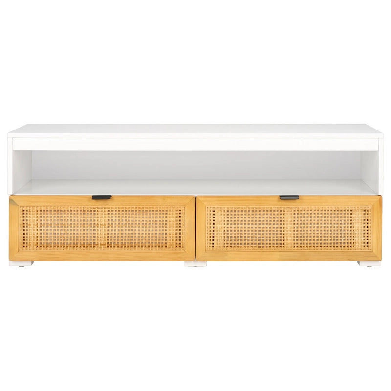 Meuble TV 2 tiroirs 1 étagère, Blanc/Noir/Naturel, Pour TV 55", 1 personne