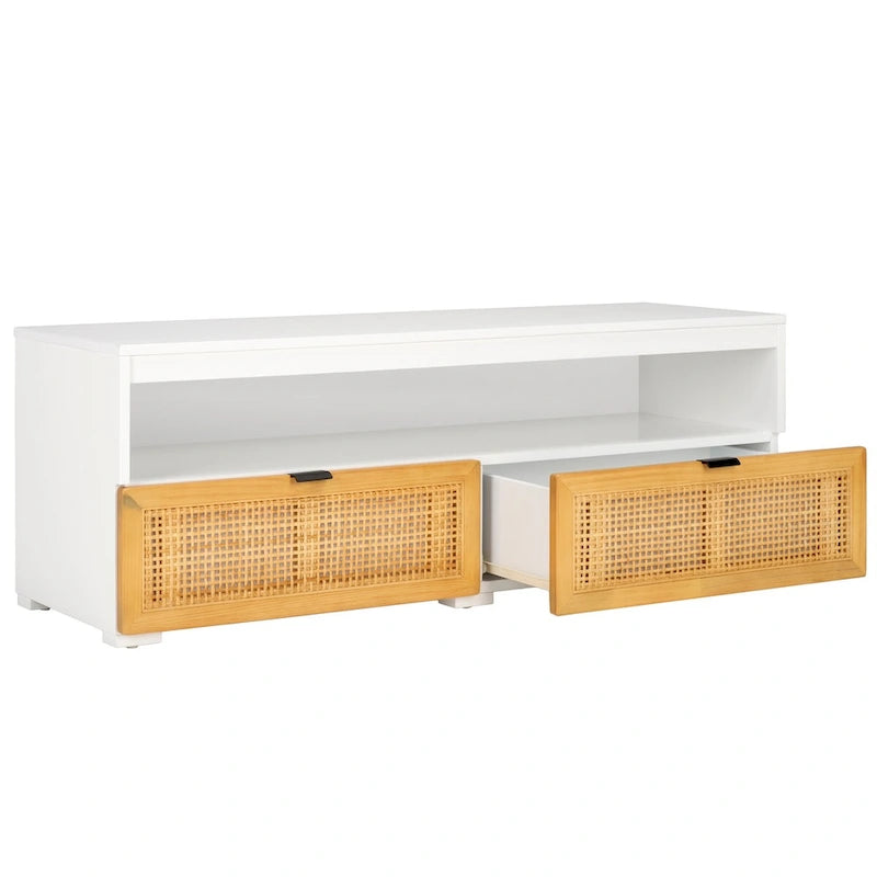 Meuble TV 2 tiroirs 1 étagère, Blanc/Noir/Naturel, Pour TV 55", 1 personne